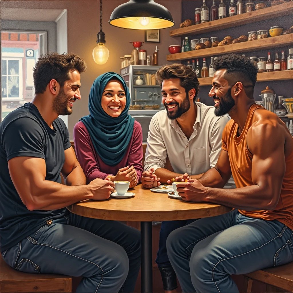 ((3 man wear jacket sitting), (2 hijabbed woman sitting), (1 hijabless woman sitting)), casual fashion, happy expression, white skin people, indoor, extreme detail, masterpiece, 4k, adult 3D character, proportional, cinematic lighting