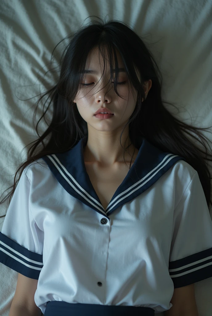 Japanese women Black Hair Long Hair bed In a sailor school uniform Blindfolded and hands tied with rope Bird View (Full Body:1.2)
