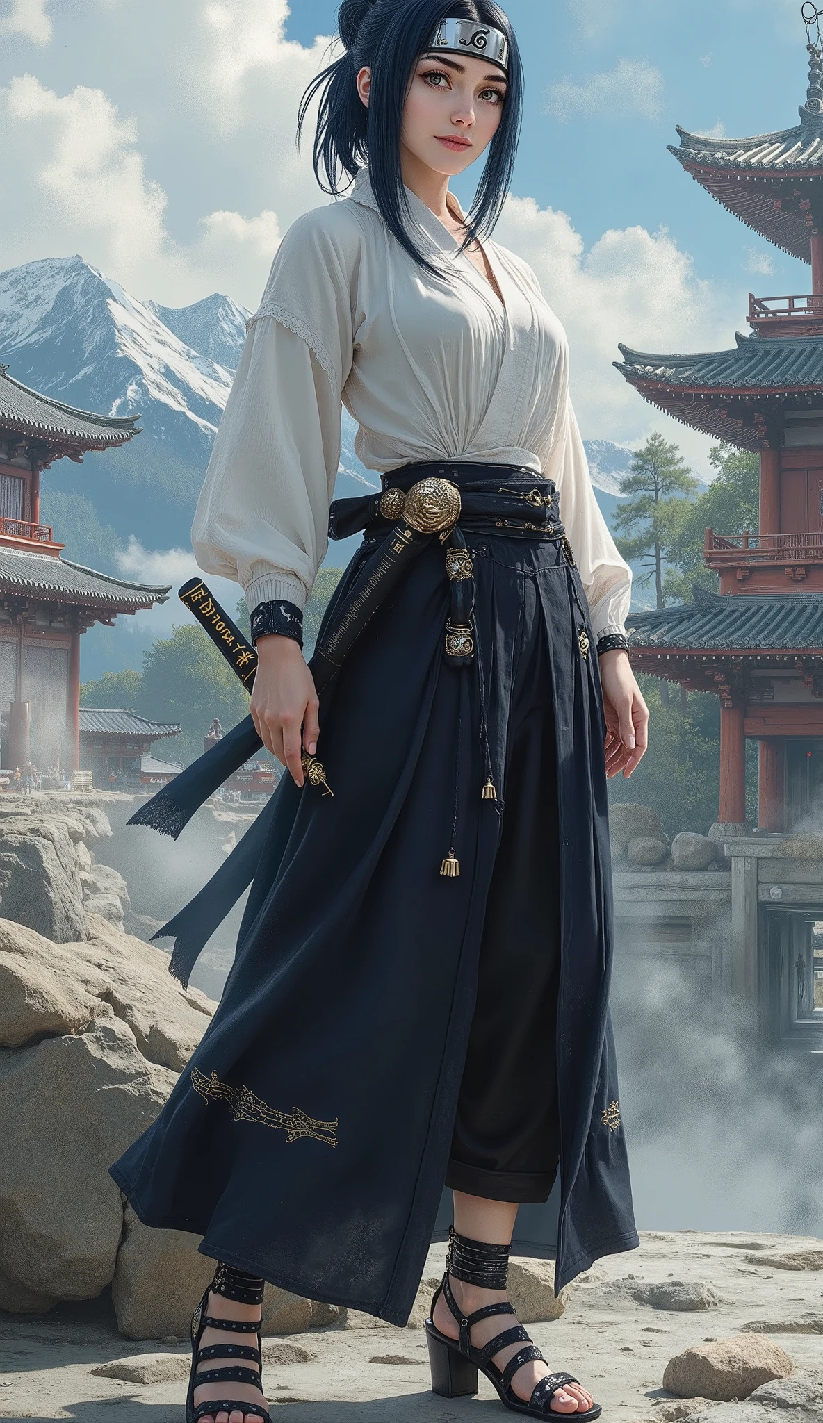 (ultra-realistic realism), (illustratio), (high resolution), (8K), (extremely detaile), (best illustration), (Beautiful and delicate eyes), (Best quality), (Super detailed), (tmasterpiece), (Wallpapers), (full body),(Detal Face), standing, (dynamicpose,open leg), Full body image of a person with long hair and), hinata hyuga, hinata hyuga from naruto, from naruto, as an anime character, perfect anime face, she has dark blue hair with tied up , female anime character, anime characters, best anime girls, short hair, brown hair, pink lips, white eyes, smile,huge bearsts,show nipple , use neck hair konoha logo headband style,pretty face:1.3) wearing black saroong,high heels,balconi bra,konoha village background