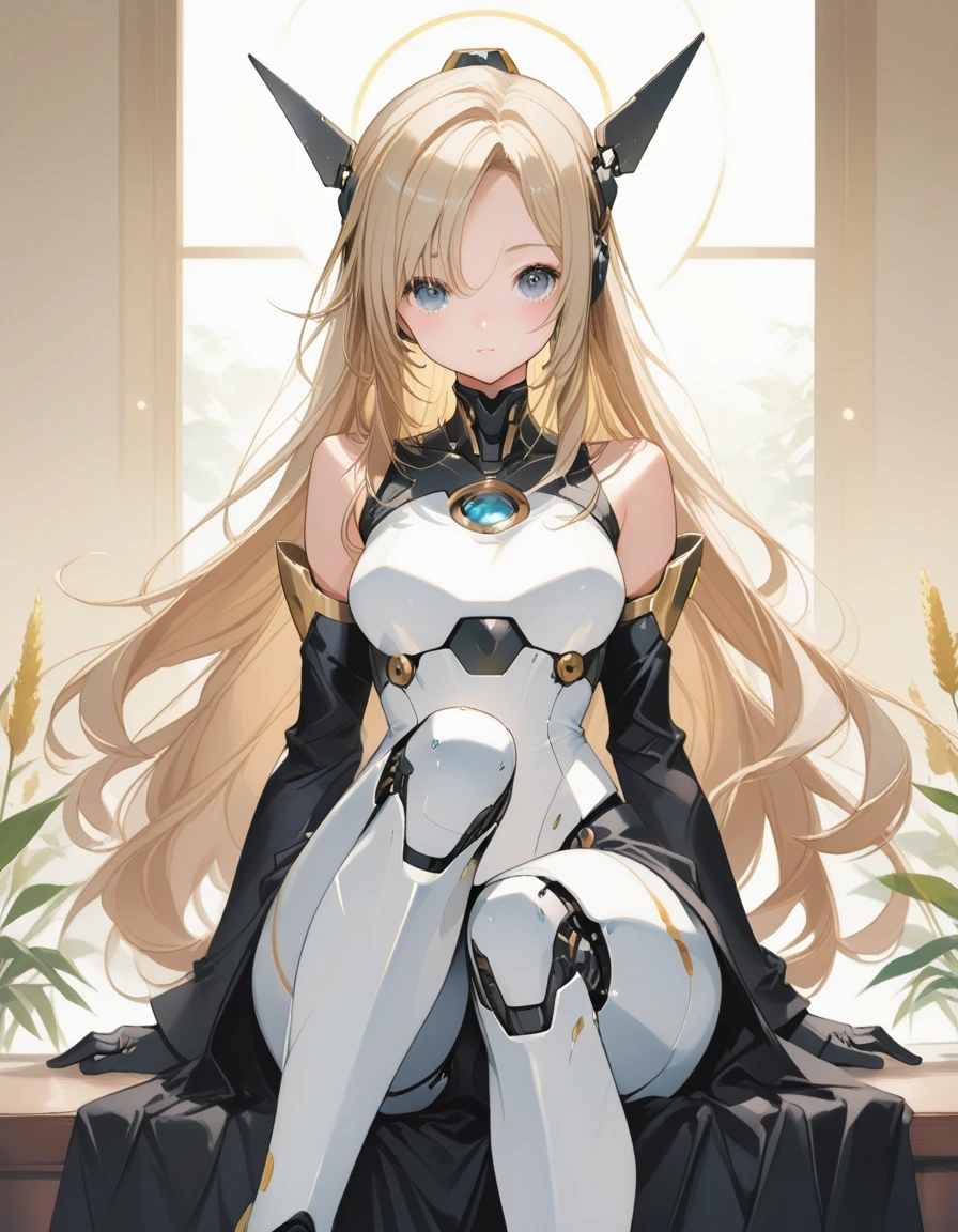 masterpiece, best quality,1girl,solo, robot girl, humanoid robot,robot joints, orange eyes,long hair, (colored skin),huge breasts,tiara, jewelry, armored dress,gold trim, sleeveles,castle in background, (outdoors),garden,sitting,on chair,holding tea cup, light smile