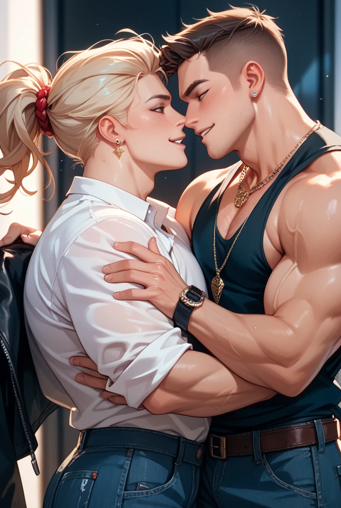 1man and 1woman,Broken heart,love break,strong emotions,excitement,romance,complicity, man shirtless, woman sport bra, kissing, (man and woman clothes are off then they kissing)