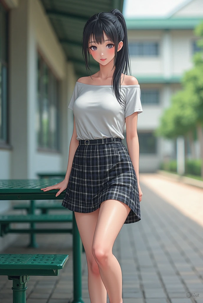 A girl in a garden,feeling the summer sunshine,with black hair,ponytail and wearing a miniskirt,standing with her legs apart,leaning forward,placing both hands on a hydrant. (best quality,4k,8k,highres,masterpiece:1.2),ultra-detailed,(realistic,photorealistic,photo-realistic:1.37),illustration,beautiful detailed eyes,beautiful detailed lips,extremely detailed eyes and face,long eyelashes, cheerful expression, vibrant colors,soft sunlight,Open-chested clothing