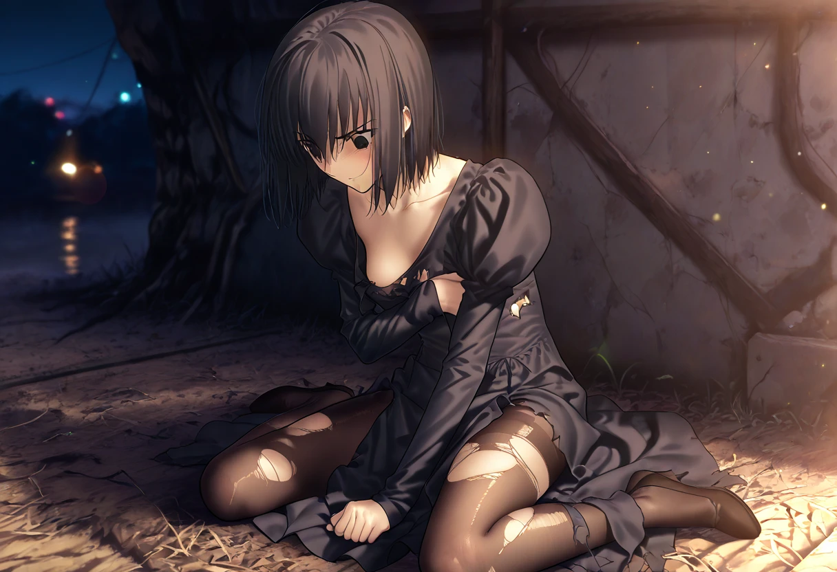 A beautiful girl both hands are tied in a prison cell with chains on her neck

She looks like mikasa from attack on titan , her dress is white but dirty she also looks dirty because she is captured and tears are in her eyes... Make her dirty yet beautiful 

 Make the background with cobblestone walls and is gloom sad and dark
