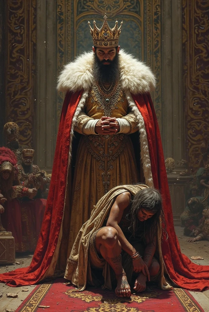 A young king with fair hair and unrelenting facial expression is giving anal punishment to a former evil young sorcerer. The sorcerer is a naked kneeling young man with an expression of pain, humility and deep contrition on his face.