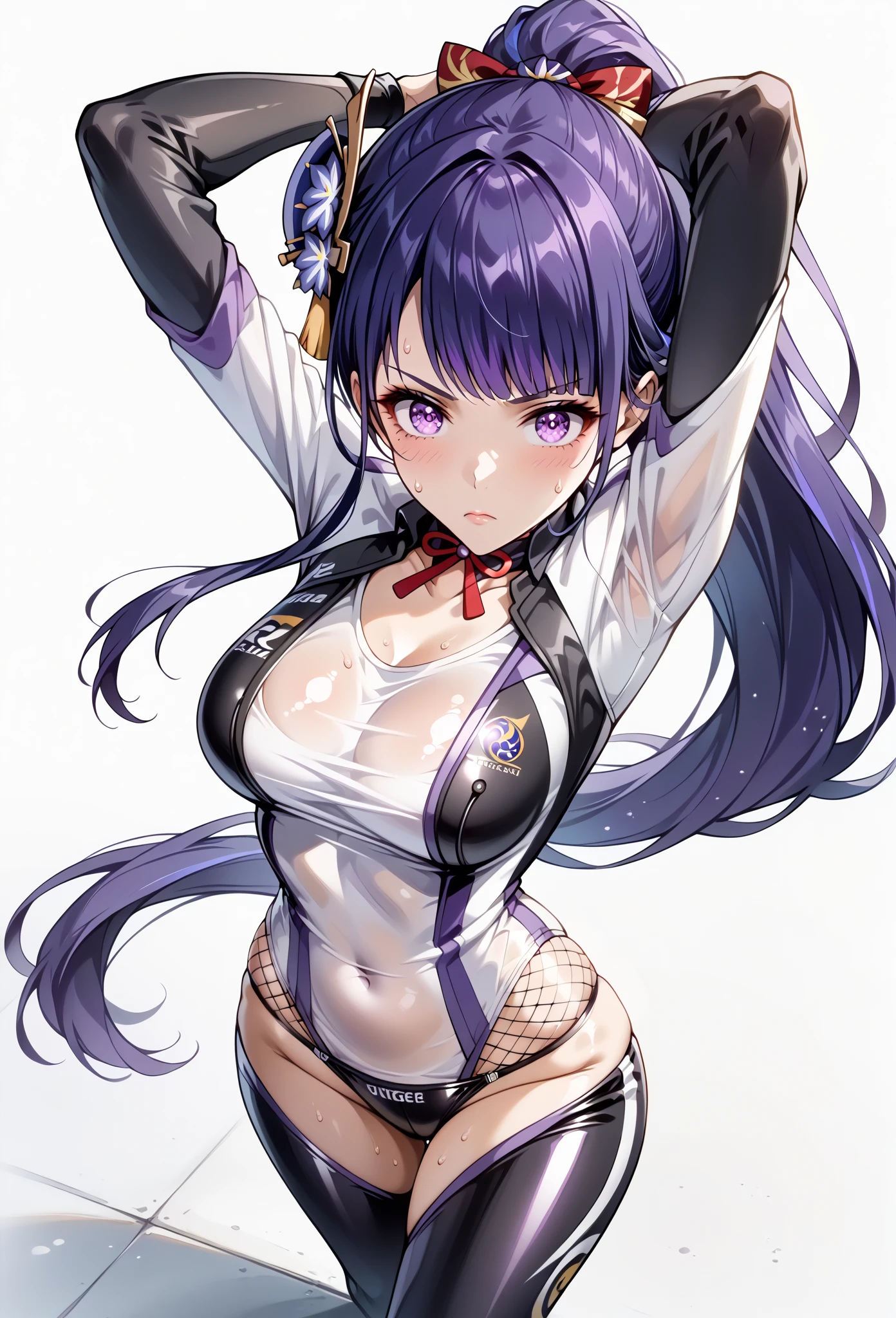 1girl, white background, red eyes, long hair, purple hair, bangs, jacket, crop top, mini skirt, large breasts, cleavage, soft stomach