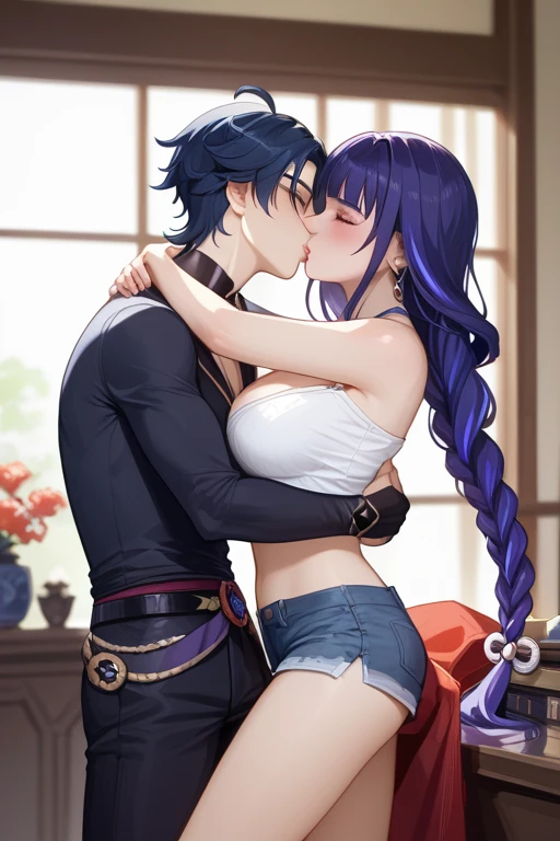 score_9, score_8_up, score_7_up, score_6_up, source_cartoon, source_anime, fdom_awall, hetero, 1boy and 1girl, detailed background, medieval, castle, aether from genshin, raiden shogun from genshin, femdom, rating_explicit, passionate kiss, breast press, erect penis, large penis, lhand_crotch, ((handjob)), rhand_wall, nude, lace lingerie, nipples, panties, cum drip,