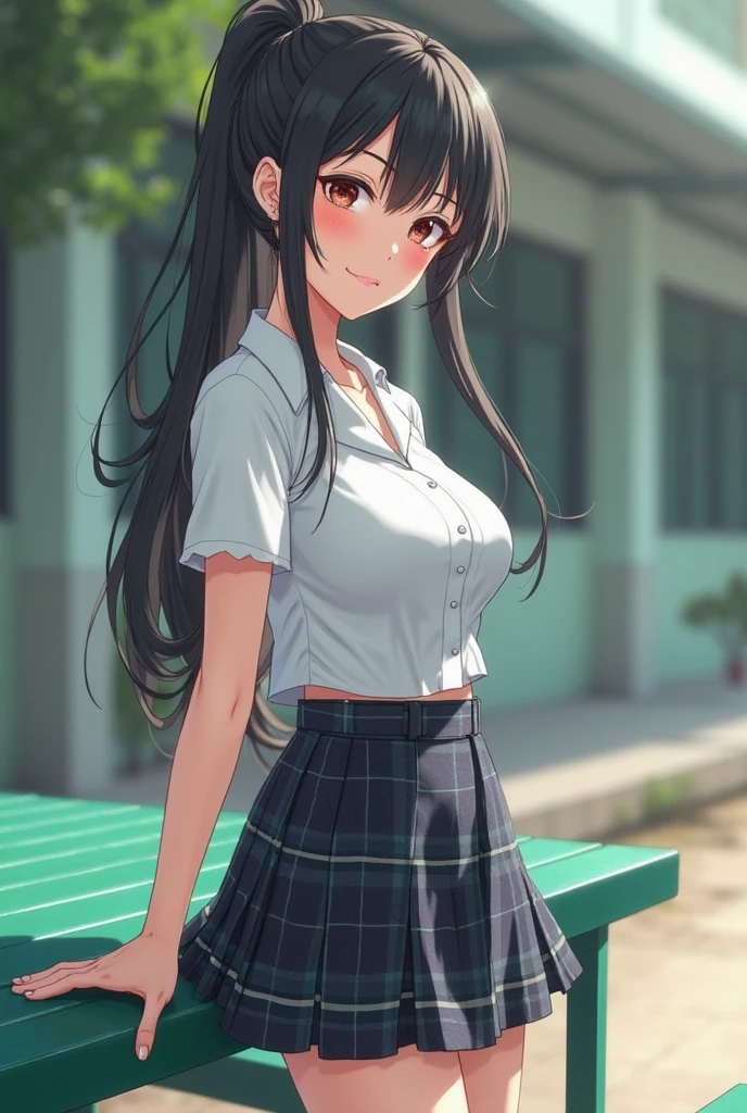 High school girl in white blouse and green checked skirt, green checked skirt, untied long black hair, pinched eyes, long eyelashes, well-styled and quite large breasts, white underwear with skirt flipped up, posing with large breasts for emphasis, naughty large breasts, naughty thighs, naughty Anime style, beautiful anime school girl, surrealistic school girl, surrealistic school girl, enchanting anime girl, realistic school girl, emphasized big breasts, naughty anime style, naughty thighs, naughty thighs, smooth anime CG art, surrealistic school girl, surrealistic school girl, Enchanting anime girl, realistic high school girl, smooth anime cg art, anime girl, beautiful anime high school girl, beautiful anime girl, beautiful charming anime teen, naughty anime style, photorealistic anime girl renderings