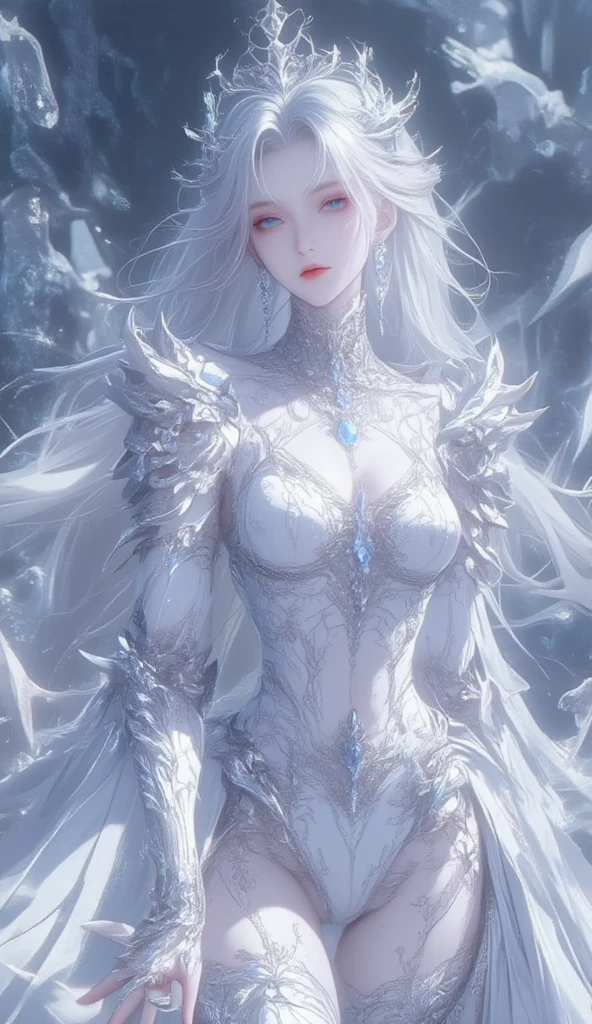 a beautiful goddess with long white hair, divine aura, large bust, light clothing, bright white eyes, luscious lips, (best quality,4k,8k,highres,masterpiece:1.2),ultra-detailed, intricate details, glowing skin, dramatic lighting, ethereal, fantasy, cinematic composition, volumetric lighting, chiaroscuro, vibrant colors, dramatic shadows, full body