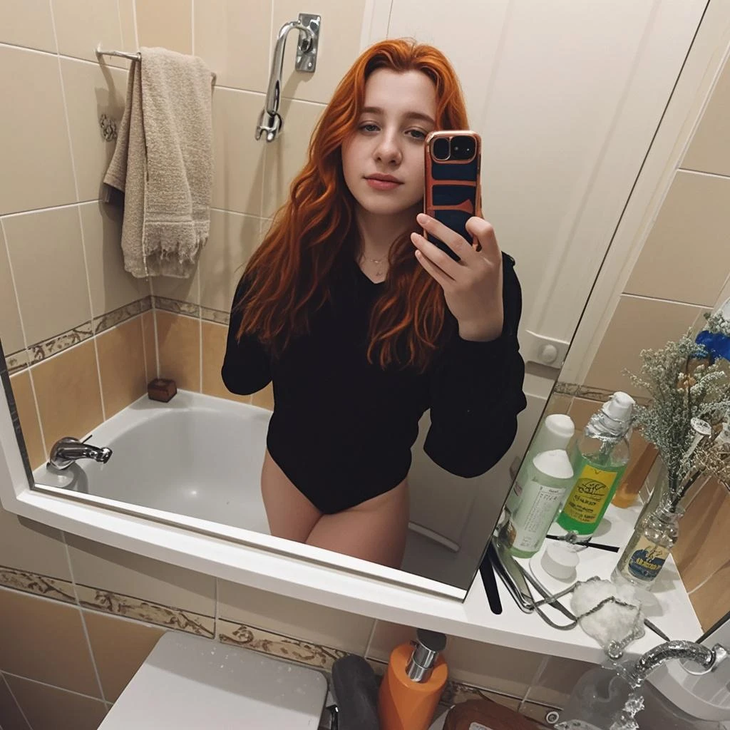 Teen 22 old years, virgin teen, she standing in bath, body wet. taking selfie with cell phone in left hand and holding strands of hair in right hand. Had wavy reddish brown hair ((curly reddish brown hair)). She's nude ((completly nude!!!)) ((no traces of clothing)), not censure!!!, maximum details, ((master part)), ((Realistic)), (Os detalhes), (fotorrealista:1.5), HDR, Maximum sharpness, 8K BRUTO, good lighting, foco nítido.