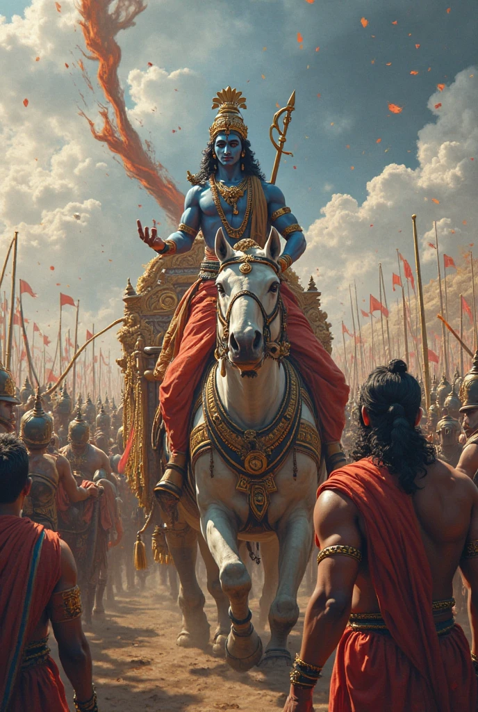 Shri Krishna killed Kansa
There is a very big ground, there are many people standing, there are many elephants, horses and animals.
