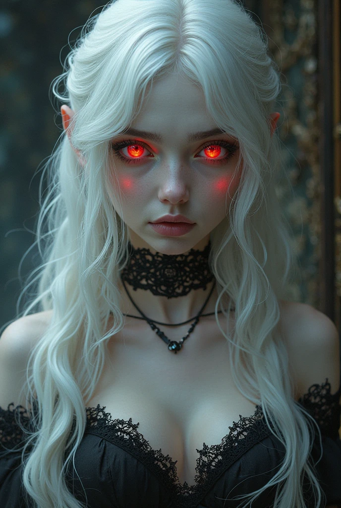 One Girl, Appearance Succubus, Lustful looks, Long White Hair, Red Heart Eyes, Looking Obsessed, Crazy Obsessive looks