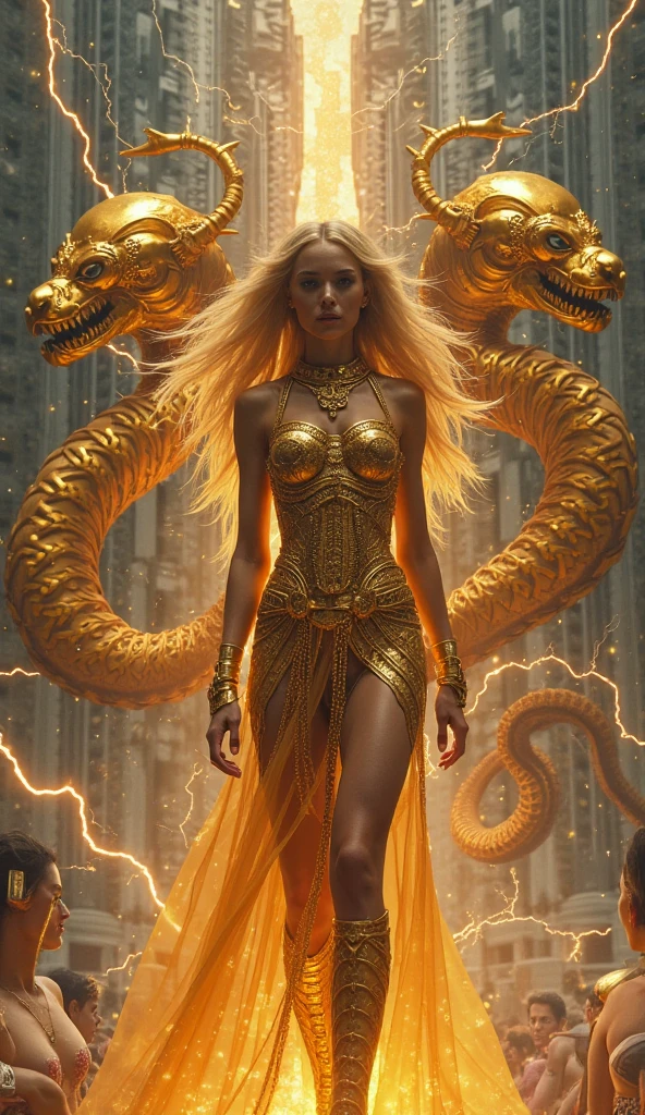 An iconic Emilia Clarke as a Greek Goddess, with long blonde hair and a golden dress, standing atop a throne of dragons, her eyes blazing with the power of the world of fire and blood. iconic Emilia Clarke as a Greek Goddess, with long blonde hair and a golden dress
