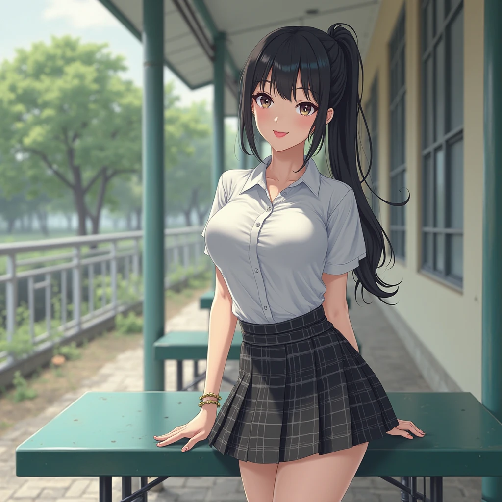 A girl in a garden,feeling the summer sunshine,with black hair,ponytail and wearing a miniskirt,standing with her legs apart,leaning forward,placing both hands on a hydrant. (best quality,4k,8k,highres,masterpiece:1.2),ultra-detailed,(realistic,photorealistic,photo-realistic:1.37),illustration,beautiful detailed eyes,beautiful detailed lips,extremely detailed eyes and face,long eyelashes, cheerful expression, vibrant colors,soft sunlight,Open chest shirt