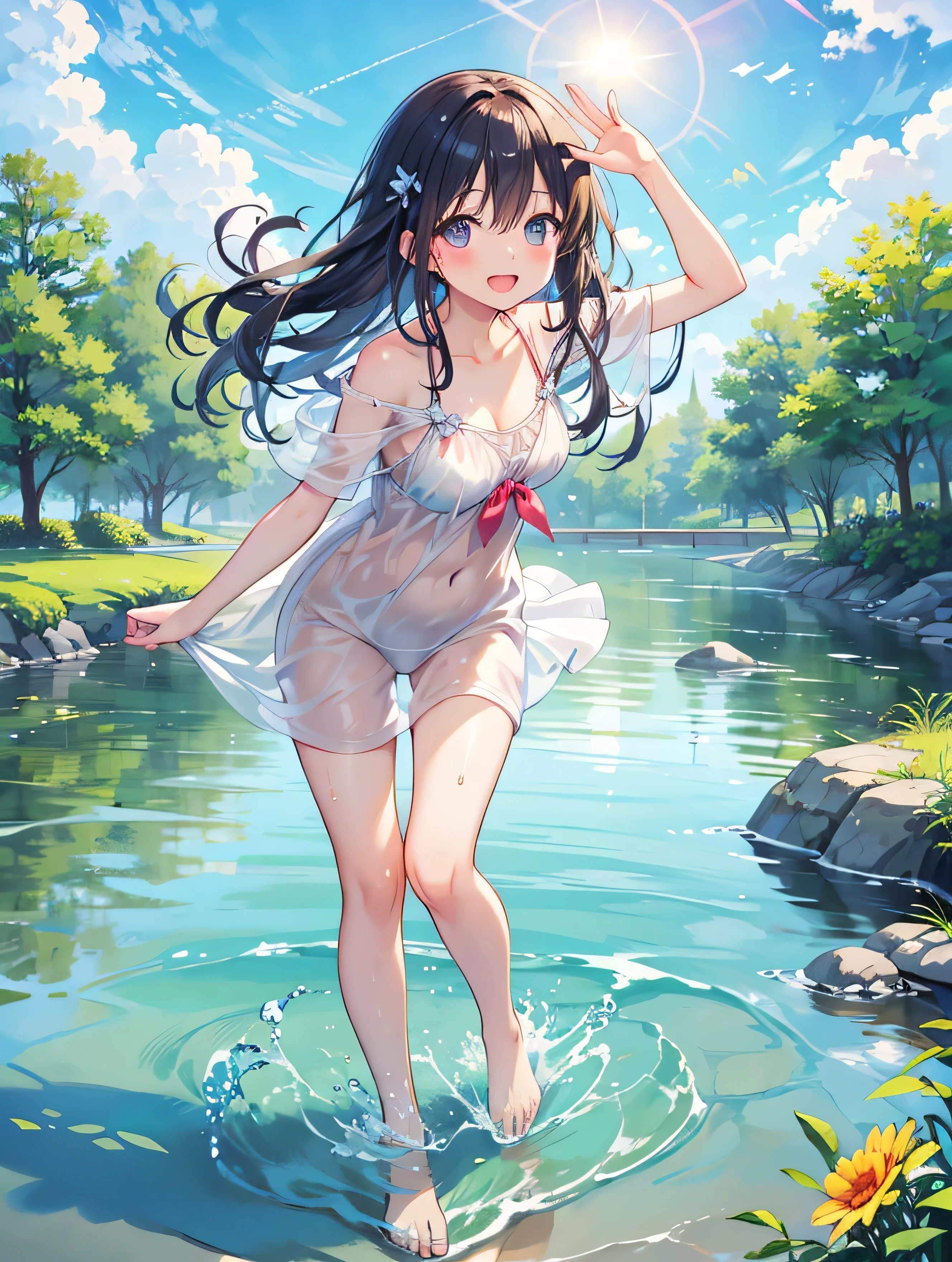 (masterpiece, Best Quality, High resolution), 1 girl, swimsuit, in the stomach, lying, looking at the viewer, landscape trees , waterfall and mountain stones,((view from above)),((wet body and hair))