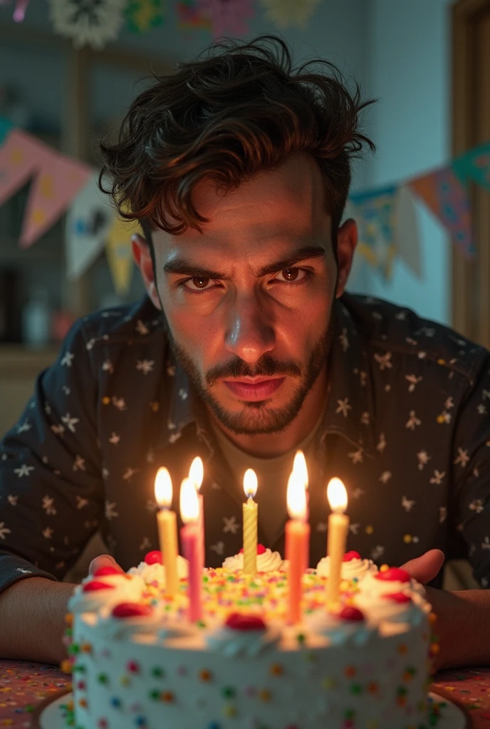 Shirtless muscular man, eating a big decorated Party Cake ,in favela
