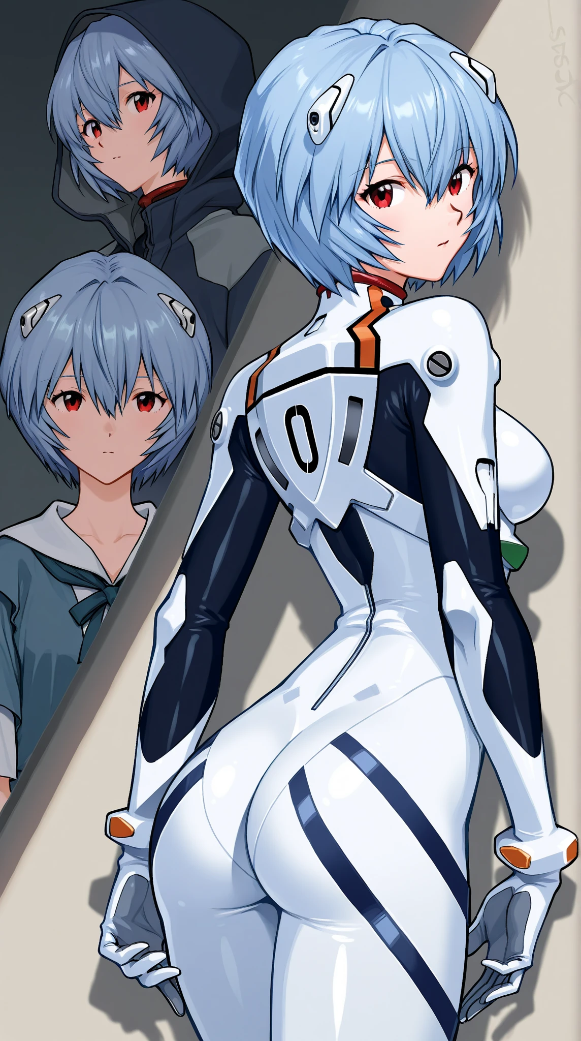 ((Highest quality, 8k wallpaper)),(masterpiece, Highest quality),Very detailed,High resolution,(Official Art:1.3),(((Anime screenshots,Black outline))),One girl,alone, Break mer1,(Rei Ayanami {Neon Genesis Evangelion,}1.2),masterpiece, best quality, outdoor, 1girl, Solo,red eyes,short hair,blue hair, (White plug suit:1.4), skin tight,(backlight, shaded face, cross-eyed, rolling eyes, empty eyes, jitome, raised eyebrows, one eye closed:1.3),(((Covered in sweat, Mass sweat, Sweating profusely,steam:1.7))), (((fighting stance, knees together feet apart, leaning forward, holding own arm, bent legs:1.8))), (Dirty Costume with mud,gym storeroom:1.5),