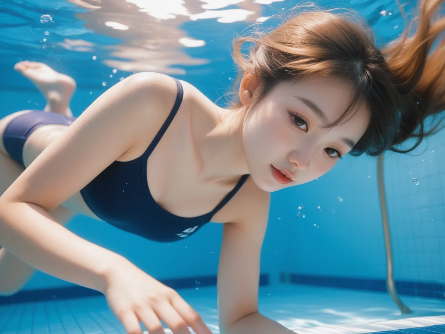 a beautiful detailed girl in a glass swimsuit, extremely detailed eyes and face, longeyelashes, dynamic pose, underwater scene, coral reef, sunlight shining through water, photorealistic, 8k, ultra-detailed, realistic, masterpiece, cinematic lighting, vibrant colors, dynamic movement