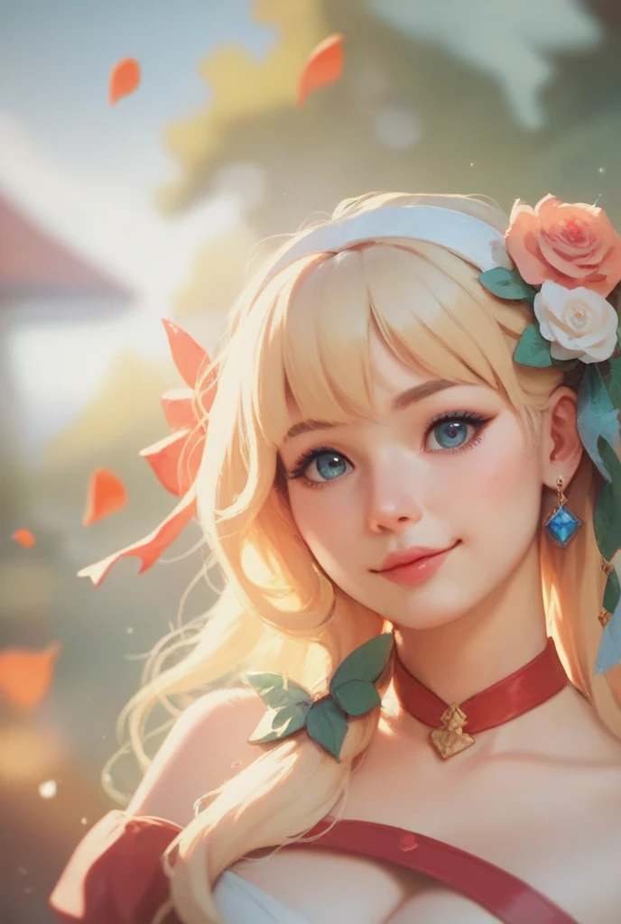 (巨作, Best quality), (Detailed beautiful eyes), (Detailed eyes and detailed face), (Beautiful clear background), (Extremely detailed CG, Super detailed, Best shadows), (( Depth of field)), beauty concept illustration, (illustration), (Extremely delicate and beautiful), (Perfect details), full body shot of a beautiful woman in a perfectly crafted dress, Red-black，golden trim, kimono with flowers 1girl , Flower, Big breasts, solo, hair adornments, Smile, komono, Blonde hair, Blue eyes, view the viewer, Cleavage, komono, Long hair, Upper body, Bare shoulders, hair flower, bangs, Shut up, Blush, Bare shoulders, Ohashi Yeka