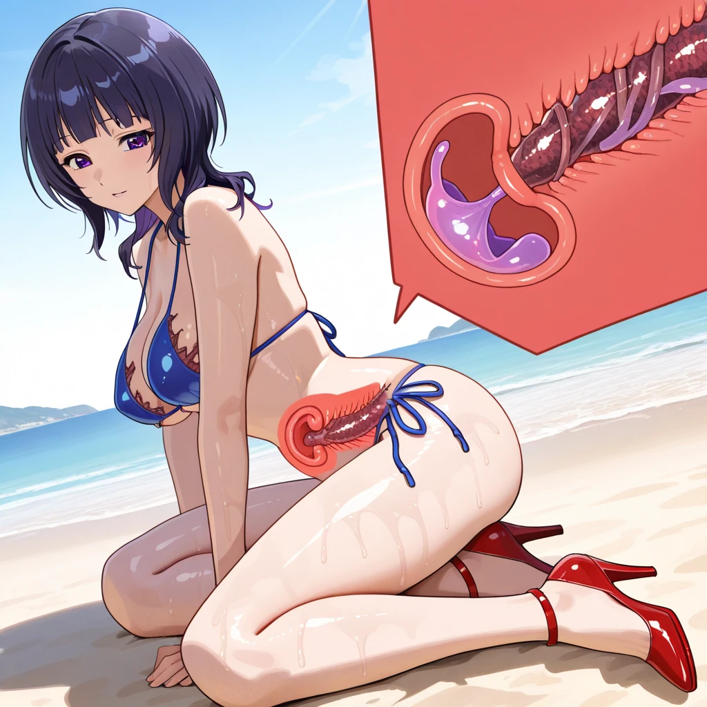 (Masterpiece), Best Quality, ultra-detailed, perfect hands , Delicate eye expression,Rinko Iori( Sexy, Slender and sexy body, Big, saggy boobs, closed eyes(watery eyes)),solo,torn bikini,torn clothes, open mouth(Screams), beaching, rinko was caught by a giant octopus, she gets raped by an octopus,nsfw, sex, hetero, rape,pussy,, naked body, dark blue hair, Sexy waist teasing, ((1 octopus)), Octopus tentacles are inserted into her pussy.