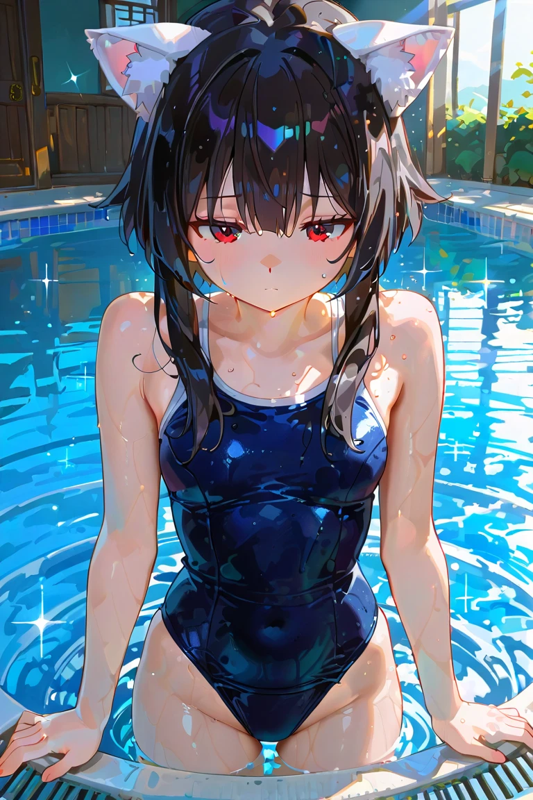 crawl on all fours、crawl on all fours、swimsuit、、Black Hair、Red ribbon、Red eyes、、Blushing、Small breasts、Small breasts、Black Bikini、lipstick、Perfect hands、Detailed hands、Poolサイド、Pool、one-piece swimsuit, strap slip、backwards、、backwards