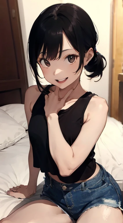jadechan, short black hair, brown eyes, naked, wet body, flat chest girl, small breasts, nude body, spread legs, pussy, looking at viewer, shy, masterpiece, hands on body, full length, sneakers, on a black armchair, living room, smiling, small ass, sexy