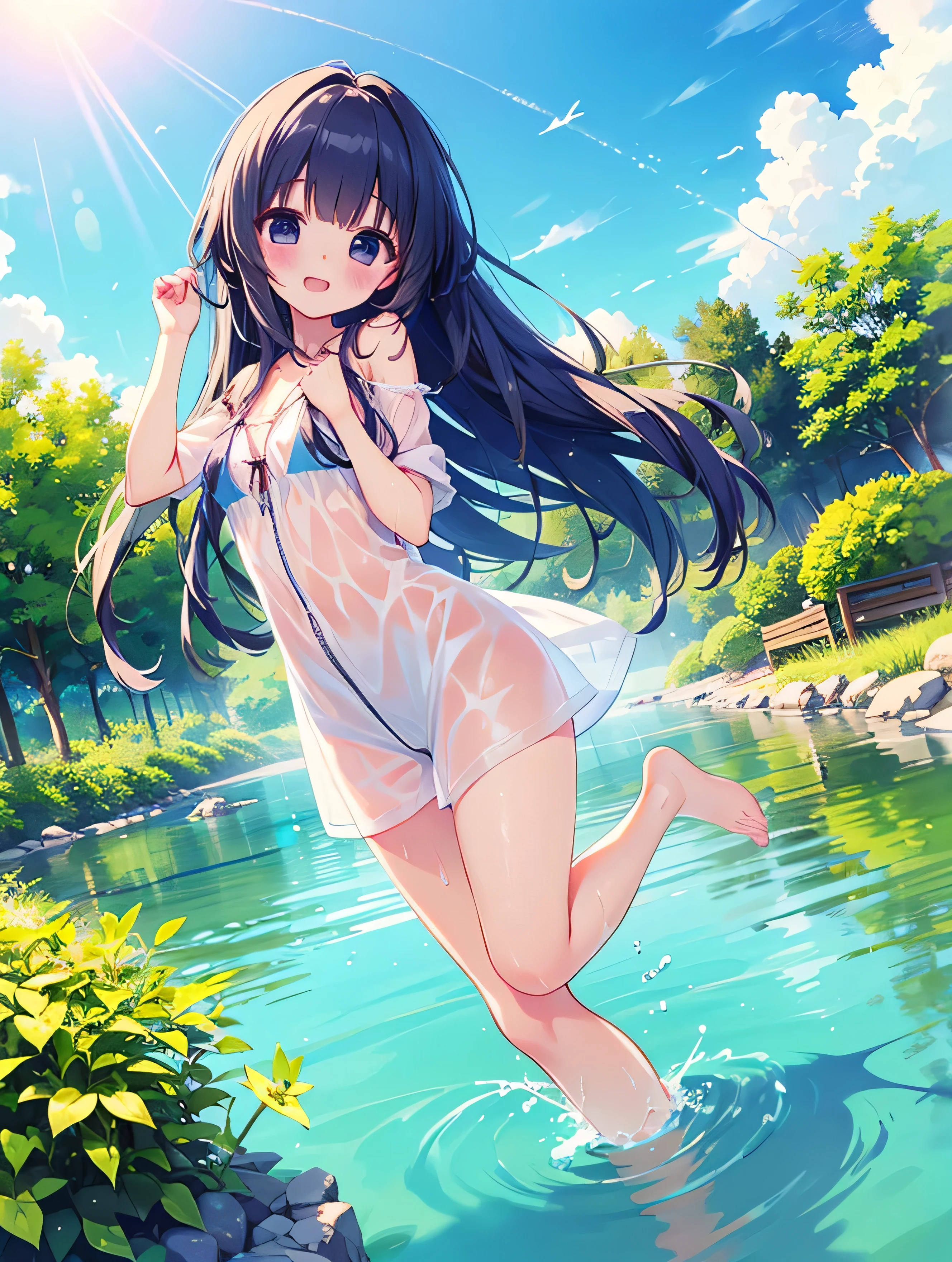 1girl, solo, ((liquid clothes)),\n(water), water drop, small breasts, see-through_dress,\ncherry blossoms,, falling petals, cleavage, from above,\nshuimo, river, bare legs, light smile, (splashing),