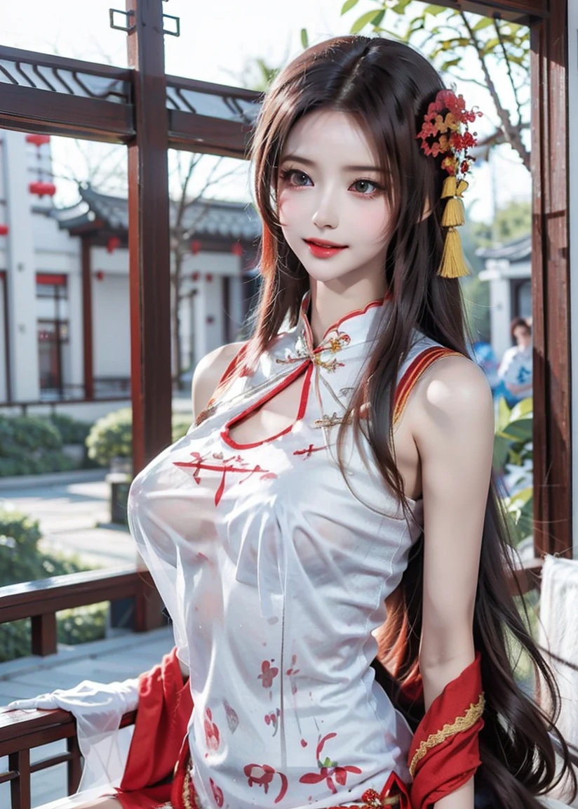 Yuuki Asuna, cheongsam, china dress, chinese clothes, sleeveless, bare shoulders, (1 Girl,Solitary), ((Big breasts)), expression, Clear face, Pretty Face, outdoor, Random scenes, Random shooting angles, 8K, masterpiece, original photo, best quality, detail:1.2,lifelike, detail, Very detailed, CG, Unite, wallpaper, Depth of Field, Movie Lighting, lens flare, Ray Tracing, (Extremely beautiful face, Beautiful lips, beautiful eyes), complex, detail的脸, ((ultra detailed skin)), 1 girl, in the darkness, Deep Shadows, Beautiful Korean girl, Korean Idol,(Very slim figure:1.3), Full breasts, Large Breasts, Slender sexy legs, Very beautiful legs, Elegant Posture, (A bright smile), (City night, (Neon), (night), Beautiful Korean girl, White Diamond Earrings, Bracelet diameter, Deya Necklace, Clear eyes, (big eyes)