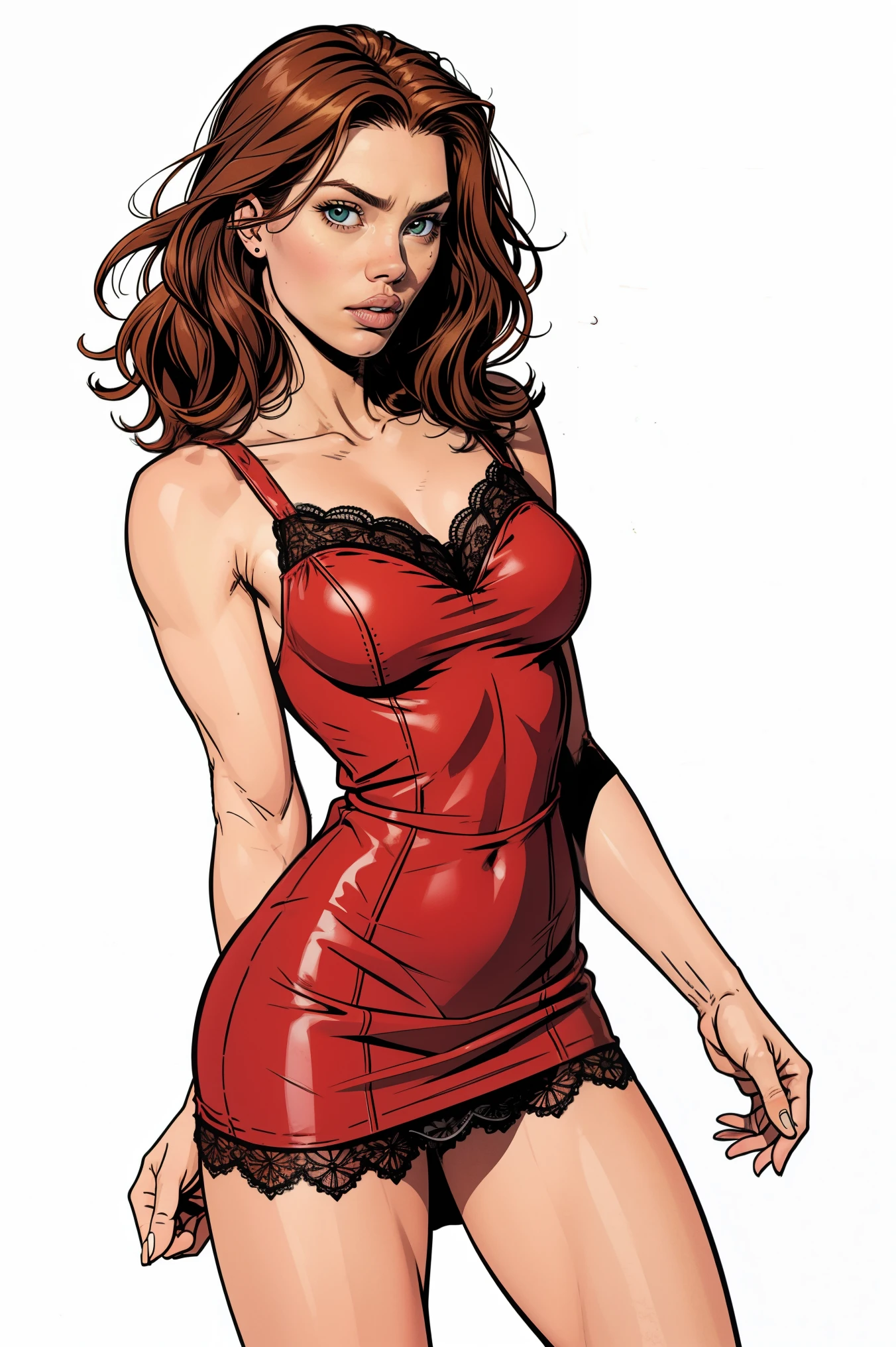 very detailed, Beautiful spanish woman, Erotic seductress Carmen Electra, high stature, long hair dark chestnut tone, big and almond eyes, beautiful eyes, slender and elegant figure, wear a elegant red dress, busty, big boobs, big breasts, perky tits, booty, thin waist, full lips, perfect and detailed eyes, shiny skin, sexual desire, slutty face, sensual, sexy. Comic style.