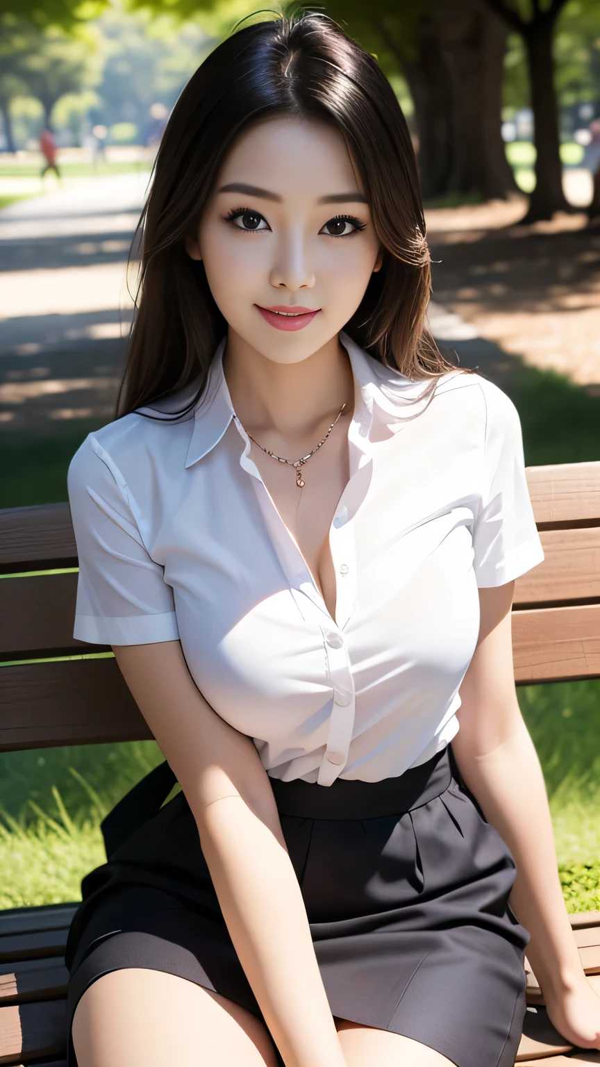 ((1 girl)), ((highest quality)), (Super detailed), (very detailed CG integrated 8k wallpaper), very detailed, High-definition RAW color photo, professional photography, ((beautiful big breasts)), peanut butter brown hair, wonderful face and eyes, pink eyes, (amazingly beautiful girl), park bench, (Uniform with open chest), (I can see your pants:1.2), camel toe, sitting, (spread your legs wide),