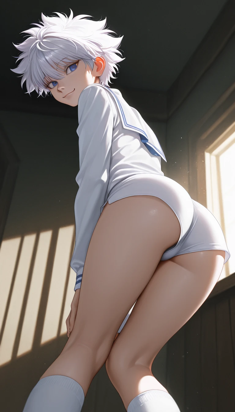masutepiece、Ultra-high definition animation quality、8K、hi-school girl、18year old、Summer sailor suit、stick out buttocks、Holding your hands on the wall and looking back、Pose with buttocks sticking out、White sheer panties、big butts、meaty thighs、Perfect limbs、Lusting、Wet crotch、A look of shame