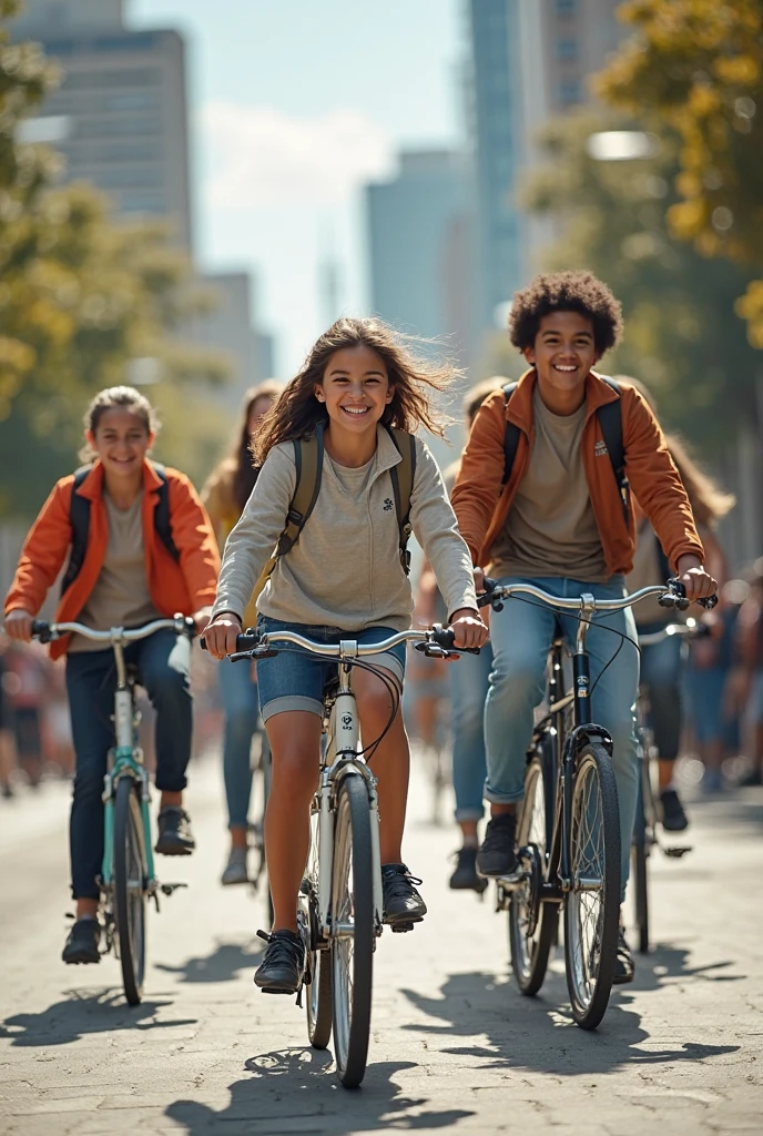 young girls and boys, riding a bike happily so that their faces can be seen around the city