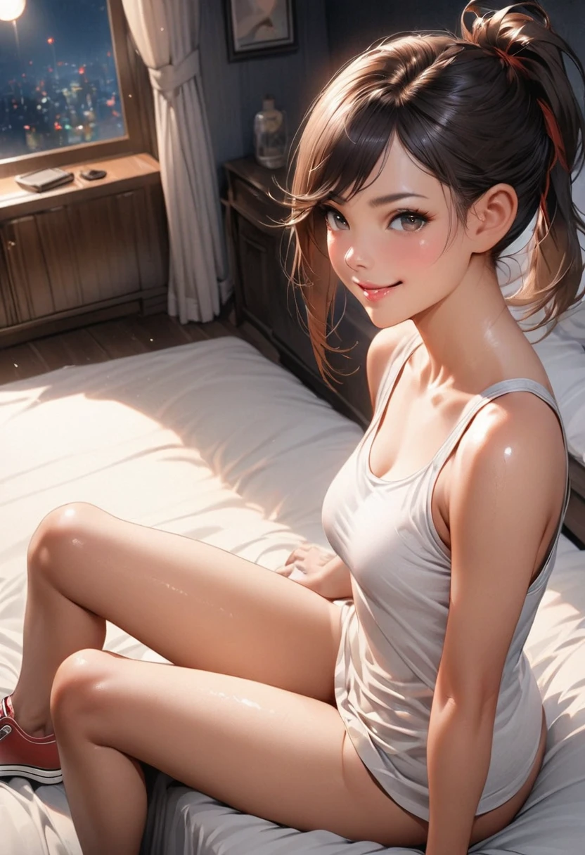 masterpiece, highest quality,Face-to-face audience, Upper body,Middle-aged women,Greek Goddess Attitude, Melon seed face, ((Long, narrow eyes)), Mole under the eye,Brown eyeball, Thin lips, Anorexia,blonde, Very long hair, Laugh with your mouth closed,40 year old mature woman, self-portrait, Simple Background,Lying in bed,Thin legs,Close your eyes and smile,underwear,The happi coat is open,See-through,Innocent pose,