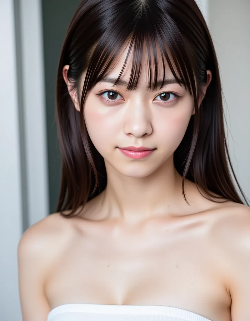 highest quality, Realistic, 8K, High resolution, 1 Girl, woman, (Skin dents), (Portraiture:0.6), nice, ((White Background, Completely naked, Small breasts:1.65)), (Very short brown hair, Parted bangs:1.4), Watching the audience, (1 Girl eyes Watching the audience:1.6), Realistic, (Bokeh), (Closed Mouth, smile:1.3), nice, Purelos Face_V1:1,Completely naked、