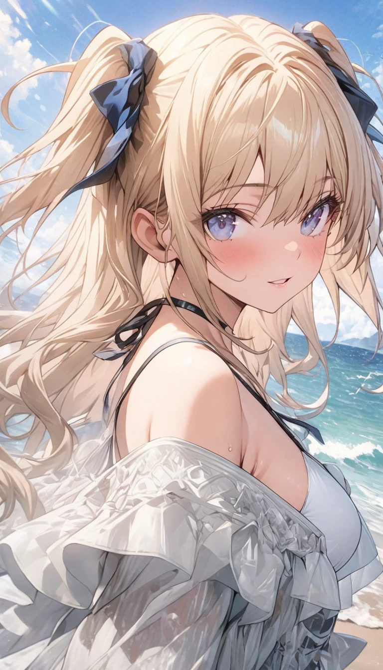 1 lady, 20 years old, blonde hair, long hair, wavy hair, light brown eyes, huge breasts,
BREAK (masterpiece), (high resolution 8K), cinematic lighting, professional lighting, detailed eyes and face, detailed body,
BREAK Perched on a swing that hangs over the turquoise ocean, a beautiful woman swings gently, her feet skimming the water’s surface. She’s dressed in a lightweight, white bikini, embodying the essence of tropical elegance. Her hair flutters in the breeze, and she looks out towards the horizon with a look of contemplation and joy. The camera angle is side-on, emphasizing her connection with the ocean and the infinite horizon beyond