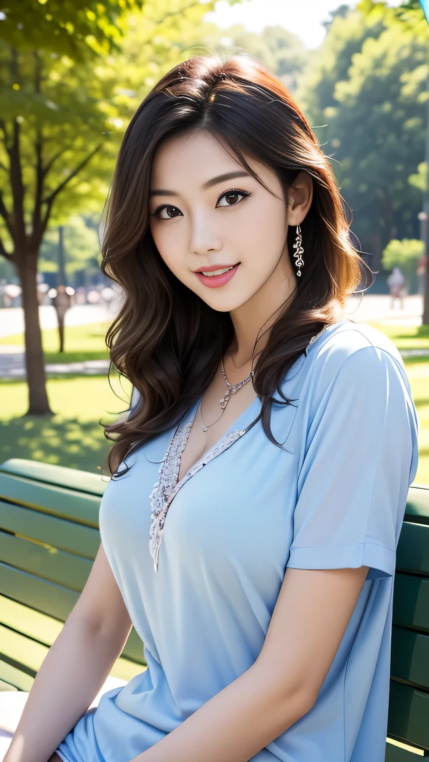 Close-up of beautiful Korean woman, 36 inch chest size, Smile, (Detailed white camisole short vest 1.1), (Navy Box Skirt:1.4), Short sleeve, , necklace,Full body posture, White shoes,Solitary, Perfect body, Become a,(a charming smile:1), (sexy pose),(A girl in the forest),