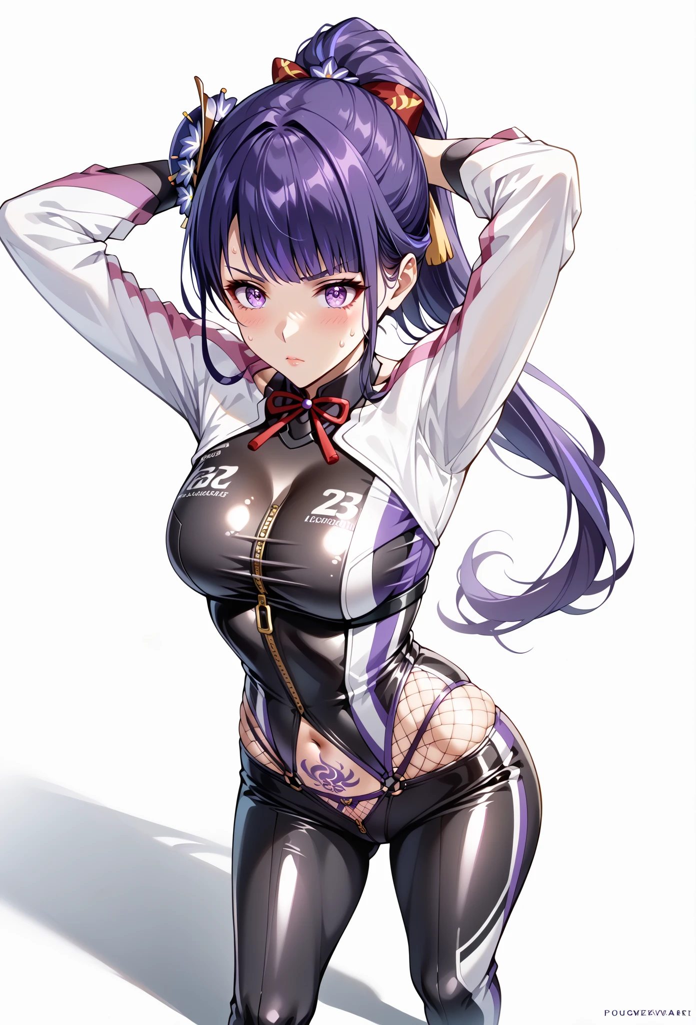 Mugshot, anime girl in black and white striped prisoner uniform, hands cuffed or chained, cleavage, big breasts, purple hair, evil smile, jail, cell, prison
