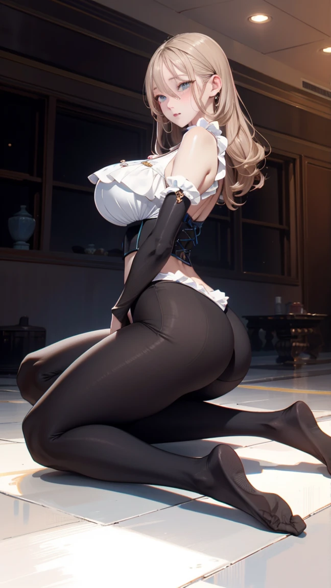 1girl,18yo,good anatomy, masterpiece, best quality,realistic, hyperrealistic, 16k hdr,,(NieR:Automata,2B),(black blindfold:1.5),(black hair band,choker,White High Leg,thigh high boots,Blake Black Skirt,black thigh high socks,Knee-high boots,Cleavage cut,cutting of clothes,high heels,long sleeve),bob cut,silver hair, large breasts,cameltoe,gorgeous panty,from below,dynamic pose,spread legs,outdoor,strong wind,(from behind,looking back,ass:1.2)