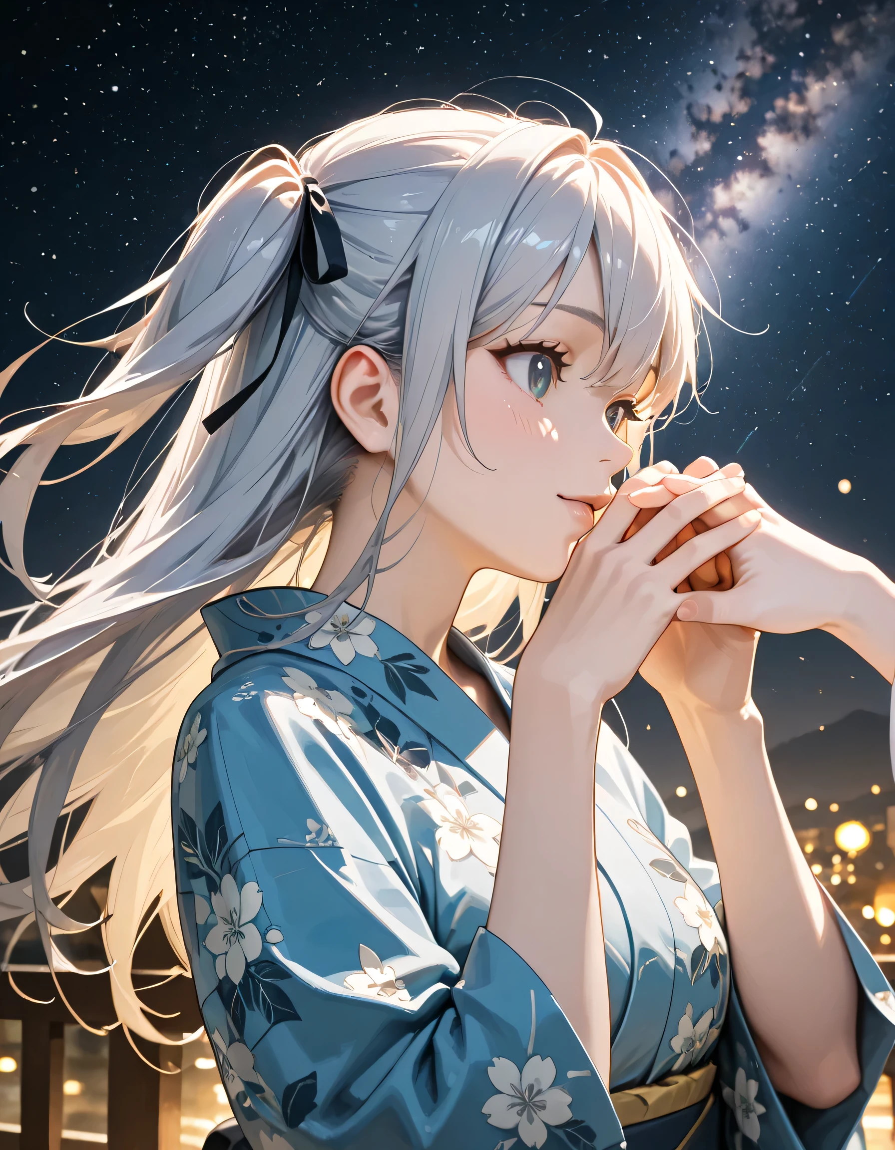 (ultra-detailed)), (highly detailed CG illustration), (best quality:1.2), ultra-highly detailed, colorful composition, artistic photoshoot, 2girls, duo focus, 2girls is Marika and Sena, Yuri:1.3, (they reach out their arms and hold hands:1.4), upper body:1.3, moe anime character, girls, dainty facial structure, baby face, round face, rounded chin:1.2, ideal ratio body proportions, BREAK
(girl A is Marika:1.2), celia-default, celia claire, blue eyes, jitome, half-closed eyes, sagging eyes, silver hair color:1.3, two side up, hair ribbon with pink, ample breasts, blue yukata clotch:1.2, gentle smile:1.3, blush:1.3, BREAK
(girl B is Sena:1.2), long hair, black hair:1.3, half updo, thick eyebrows, brown eyes, (wearing glasses:1.3), (round eyewear:1.3), pink ankle-length long furisode costume with gorgeous floral pattern:1.3, BREAK
ultra-beautiful girl, fluttering hair, best quality, masterpiece, night:1.3, Beautiful night sky:1.3, milky way background:1.4, Sparkling star, dynamic pose, from side, expecting, pink cheek, light pink gloss slip, portrait, depth of field, soft lighting, sidelighting, moonlight, lighting, caustics, ray tracing, perfect face, lustrous skin, highly detailed face, highly detailed eyes, perfect face, perfect nose, perfect hair, perfect eyes, perfect anatomy, beautiful hair, beautiful small face, extremely detailed face, beautiful detailed eyes, beautiful clavicle, beautiful body, beautiful ample breasts, leavage, breasts squeezed together, equalize the size of the left and right breasts, beautiful thin thighs, beautiful legs, beautiful fingers, 4fingers, 1thumb, lovely, (very detailed background:1.0), (highly detailed background:1.0), summer aesthetic, intricate details, universe atmosphere, summer night sky colors palette, chromatic aberration
