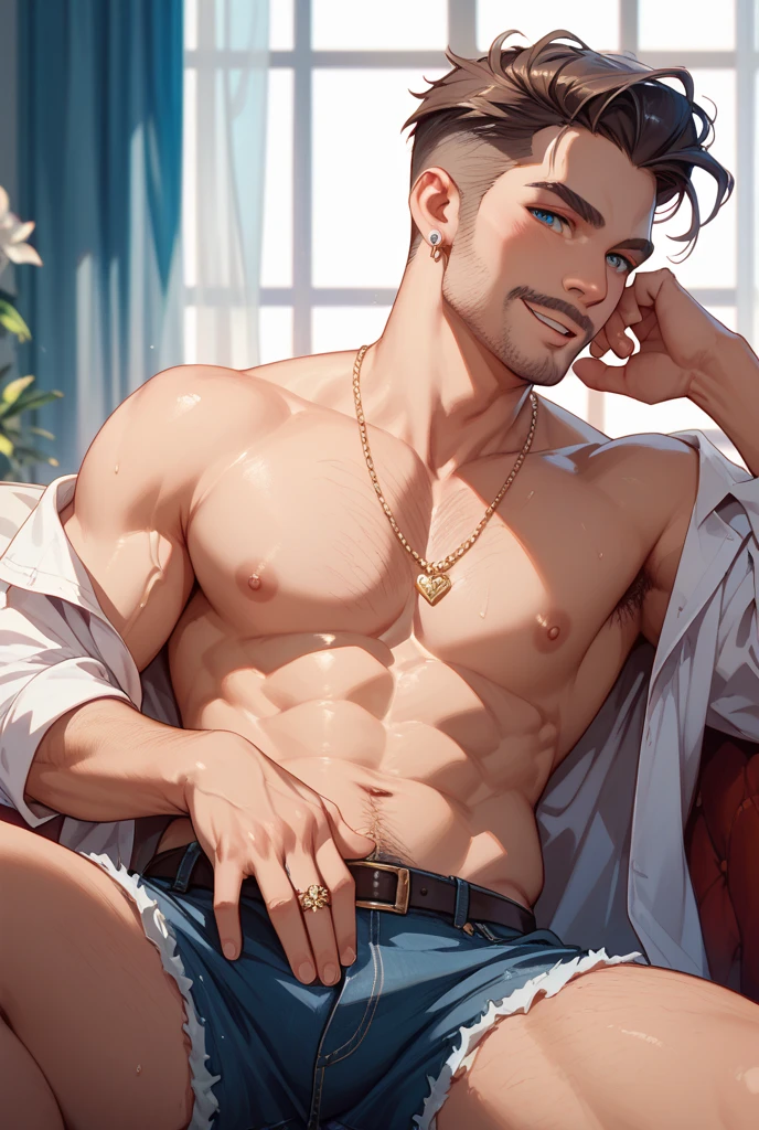 (Single person: 1.9), (masterpiece, ultra quality, high resolution, 8k, intricate: 1.2), (detailed face: 1.2), handsome, young guy middle eastern skin, double eyelids, detailed skin, 1boy, (realistic)), abs, good quality lighting, muscle veins, ((pale skin)), (sitting: 1.4), lustful face, in sportswear, (solo: 1.9)