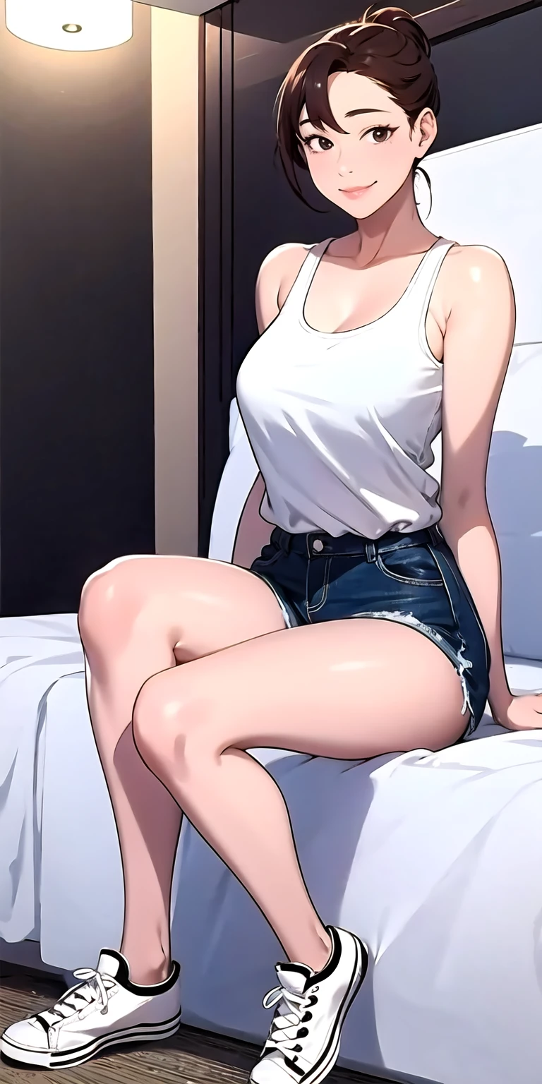 beautiful girl, slender, boyish, handsome short hair, brown hair, (wear a white long-sleeved T-shirt), (white bikini panties) , Perfect hands, Perfect body, reclining, leaning back, leg up, (bare foot), ((looking away)), relaxing, seduction, room, midnight, ((Exquisite detail)), Very finely crafted fingers(((10 fingers))), (full body showcase), (Show your whole body), (No logos on background), (No logo), ( from below),