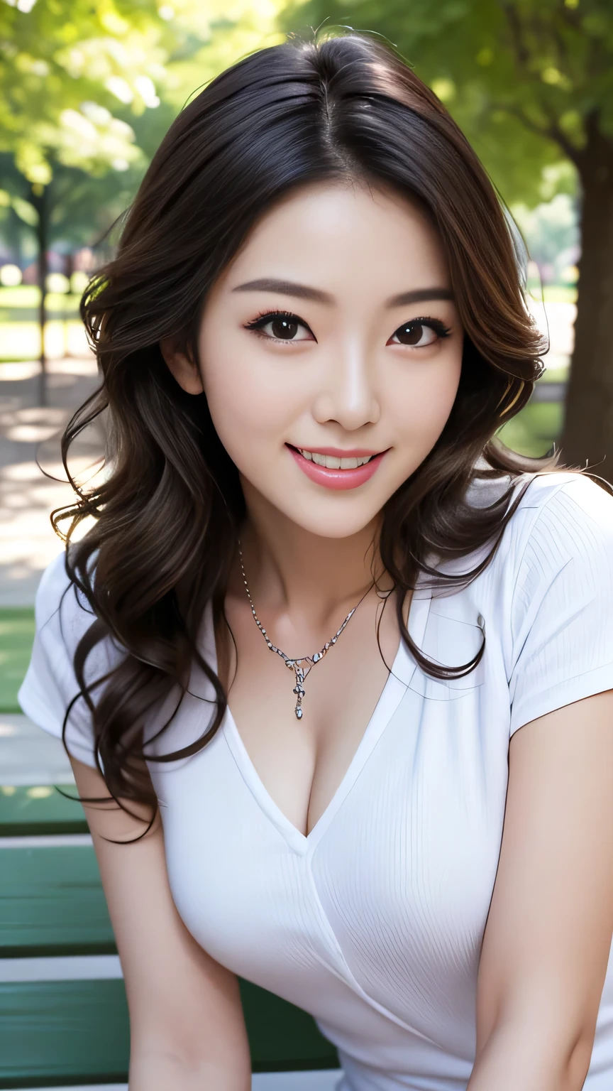 first person perspective, (masterpiece:1.3), (maximum resolution:1.4), (Ultra HDTV:1.2), Ultra HDTV, (fine eyesと肌), (detailed facial features), HDR, 8K resolution, sharp focus:1.2, perfect style, beautiful face, Highly detailed face and skin texture, fine eyes, double eyelid, thin eyebrows, glitter eyeliner:1.2, 青whiteい頬, Glossy skin, 色white:1.2, shiny little neckless and crystal earrings,, glossy lips:1.2, 
break, 
((upper body shot:1.2)), (wearing a sleeveless High neck halter neck white dress:1.2)), (High neck halter neck), (white:1.2), (sexy clavicle), ((innocent and cute girl:1.3)), (layered hairstyles, dark brown hair), medium long hair, (Very provocative smile:1.2), medium to large breasts, 
break, 
(Sitting on the terrace chair:1.2), ((gently lifted her chin.:1.3)), In a fashionable outdoor café, From a little above,