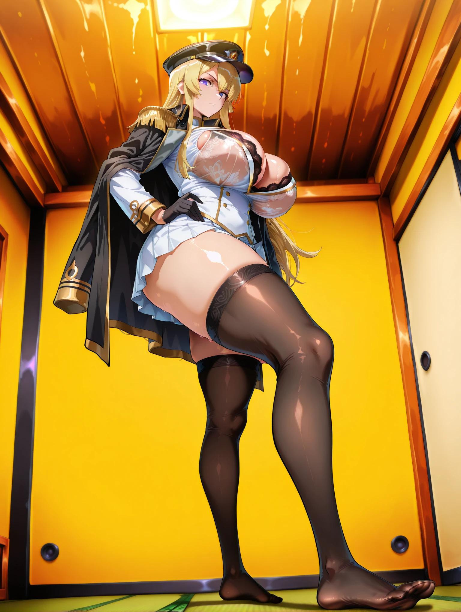1 woman,{full body},{wariza},sitting,from below,looking down, dynamic cut,dynamic angle,foot focus,naughty smile,very muscular,very muscle,very big breasts,very curvy,very big woman,two side up,blonde hair,barefoot,cute dress shirt frills ribbon split corset skirt
