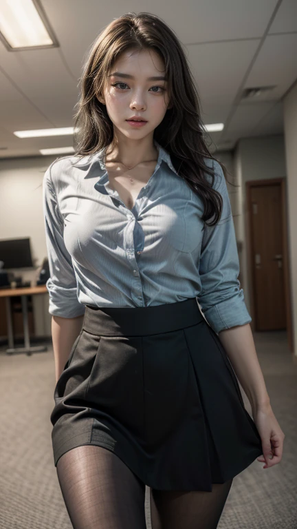 (1 girl:1.3), break, half body shot, Japanese, 20 year old supermodel, Chubby body type, plump, career woman, (from side), (highest quality:1.4), 32K resolution, (realistic:1.5), (Super realistic:1.5), High resolution 32k UHD, (masterpiece:1.2)), (Improvement of quality:1.4), (beautiful facial details), (Highest quality realistic skin texture:1.4), (perfect anatomy:1.2), (Are standing:1.37), break, arms up, (office uniform, patterned ribbon tie, soft blue collared long sleeve shirt:1.15))), white plaid black trousers,  break, Does not emphasize the bust top, ((In the office room:1.15)), precise fingers, Super detailed, symmetrical eyes, view audience,natural makeup, ((A good eye for quality:1.2)), (tired, sleepy and satisfied:0.0), (fine lips:1.33), (fine nose:1.2), ((Physically based rendering of the background:1.37)), curvy:1.2, middle breasts), (heavy chest:1.1, plump lower body), brown hair, (wavy hair:1.37), Anxious face, Gentle light hits your face and body, epic and emotional movie lighting