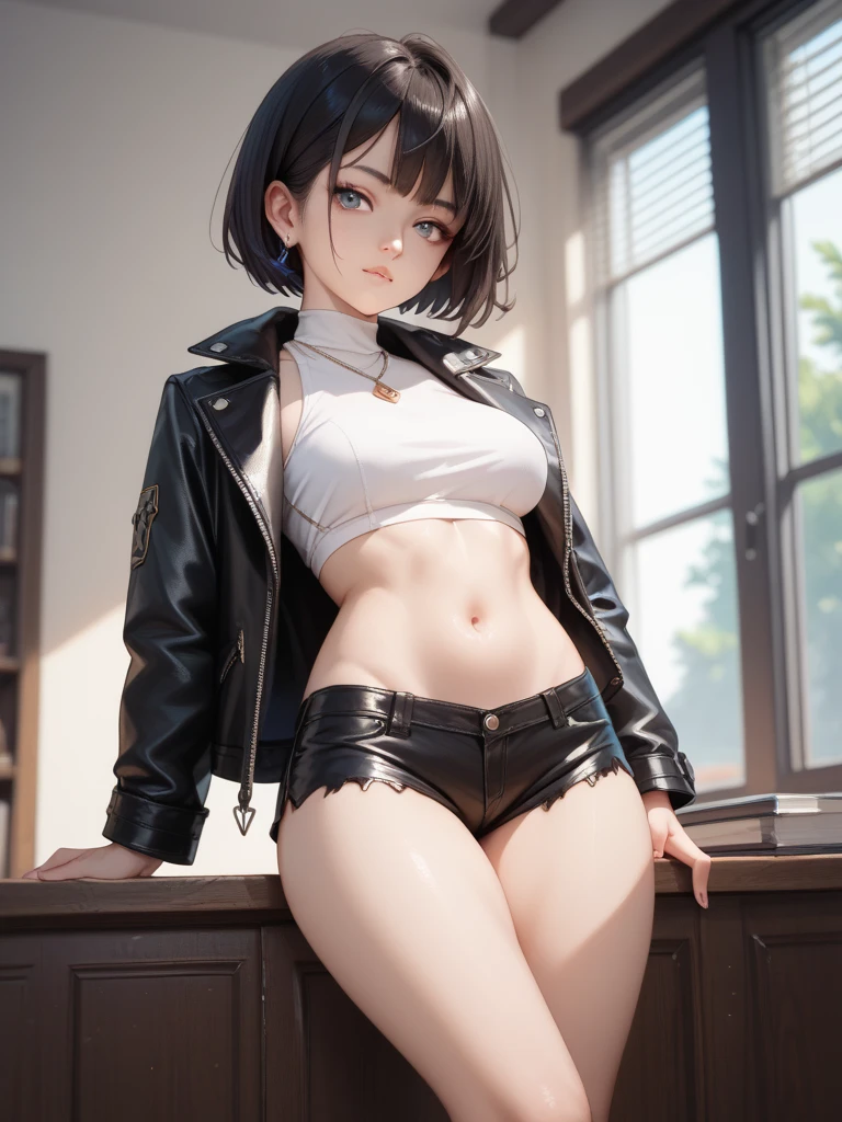 Navel exposed clothes short hair
