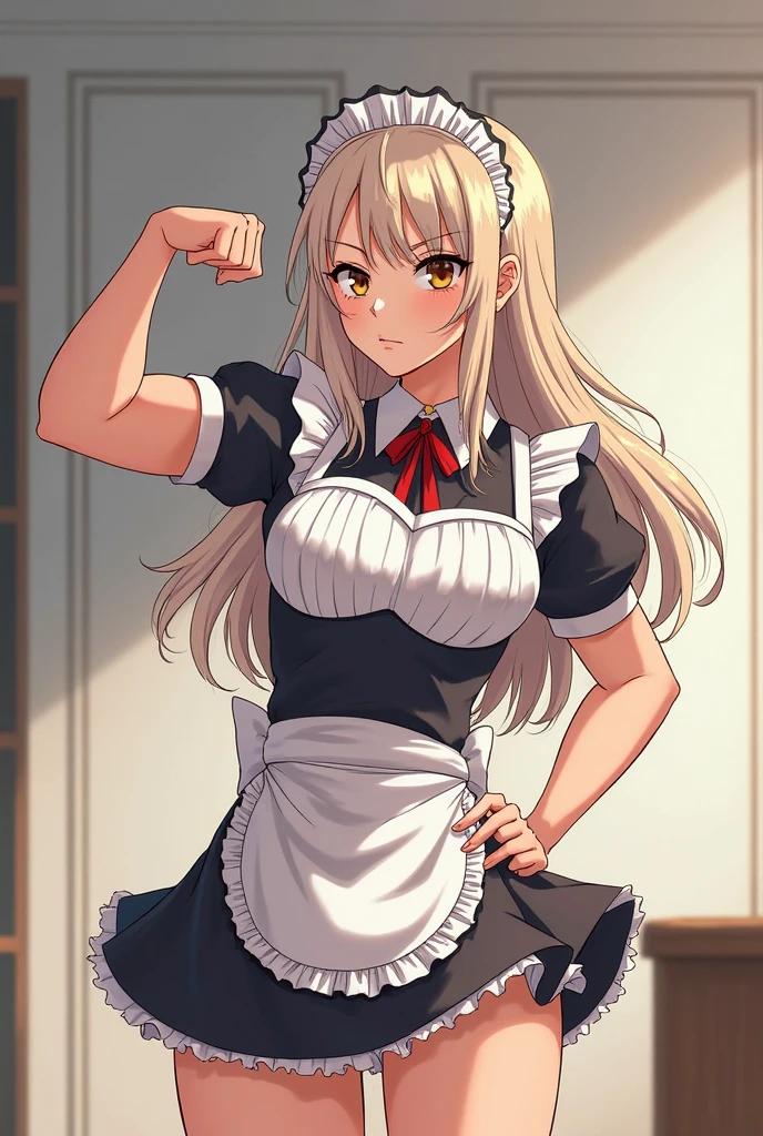 high quality,Mature beauty,White straight hair,Red Eyes,shy,blush,Wearing a maid outfit,Black stockings,High heel,Wearing boxing gloves,Cleavage,Large Breasts,Camel toe,Long legs,Thin waist,Vest line,Absolute Domain,Sexy pose,Cat ear