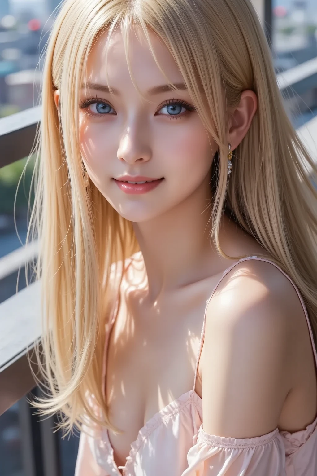 写実的、リアル、解剖学的に正確な身体、Woman with long blonde hair and pale blue eyes is taking pictures, Long bangs、gorgeous young model, Portrait Sophie Mudd, The most beautiful female models in the world、White beautiful skin、Highlights of cheek luster、cute young woman, Very beautiful young woman, portrait of a beautiful model, Beautiful young girl, with round face、Beautiful young woman, a photography of a beautiful woman, face perfect, 20-year-old female model, Beautiful blonde girl、Small face beauty、(Wearing micro gold bikini:1.1)、body facing the viewer、((photo from the waist up:1.1))、thin waist、embarrassed look smile、cleavage、I can see the belly button、Clean tummy、Not NSFW、gold highlegs panties、cute, happy, 美しい花、白い雲、青い空、アウトドア、柔らかい腹部、