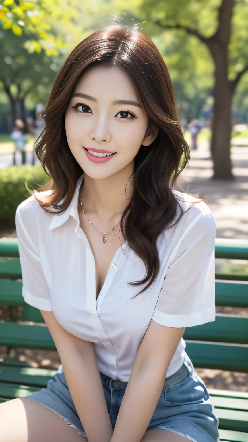 ((((top-quality))))、(((Ultra Precision CG16K Wallpapers)))、(((masterpiece)))、(((ultra-detailliert)))、(((Ultra-extreme details)))、1Man Woman、a matural female、a 25yo woman、((Korean Face))、((extremely beautiful face))、((K-pop、NewJeans、HAERIN:1.5))、((Soft wave semi-long hair:1.3))、(shinny hair)、Bangs up to the eyebrows、Beautiful brown hair、Beautiful delicate eyes、Brown eyes、raised eyebrows、lofty nose、small nostrils、Small mouth、seductive lips、slightly open mouth、Beautiful breasts、C-cup size breasts、cleavage of the breast、Plump body、perfectly proportions、perfect anatomia、perfect-composition、beautiful detailed shading、Beautiful natural lighting、Beautiful detail glow、depth of fields、(((a high chroma)))、(((realisitic:1.9)))、((Vivid:1.4))、((Beautiful skin))、((Skin texture))、((Realistic skin feeling))、(((cowboy shot:1.5)))、((Frontal angle:1.5))、((a smile:1.4))、(Eyes looking at me)、Bright sunshine、(((a park:1.5)))、(Blur the background)、(((white lace blouse clothing:1.5)))、