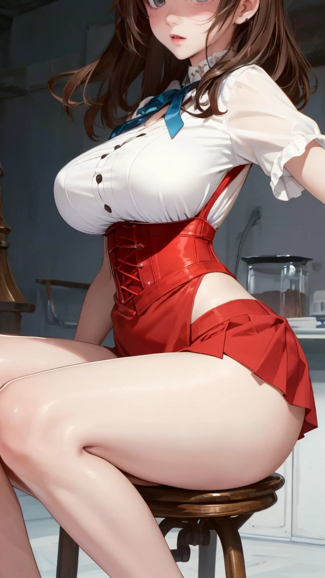 ((Best quality, Masterpiece, (only 1 girl), ((short horns, blonde hair, red eyes, symmetrical face, (An extremely short dress with long sleeves, Lift up the dress, panties), (Looking down, Focus on legs, evil smile, Sticking out tongue), Serenity of the little lady, big breasts), steam, Rear side solar lighting, in the background a bedroom with dark furniture, Canon EOS 50mm camera)