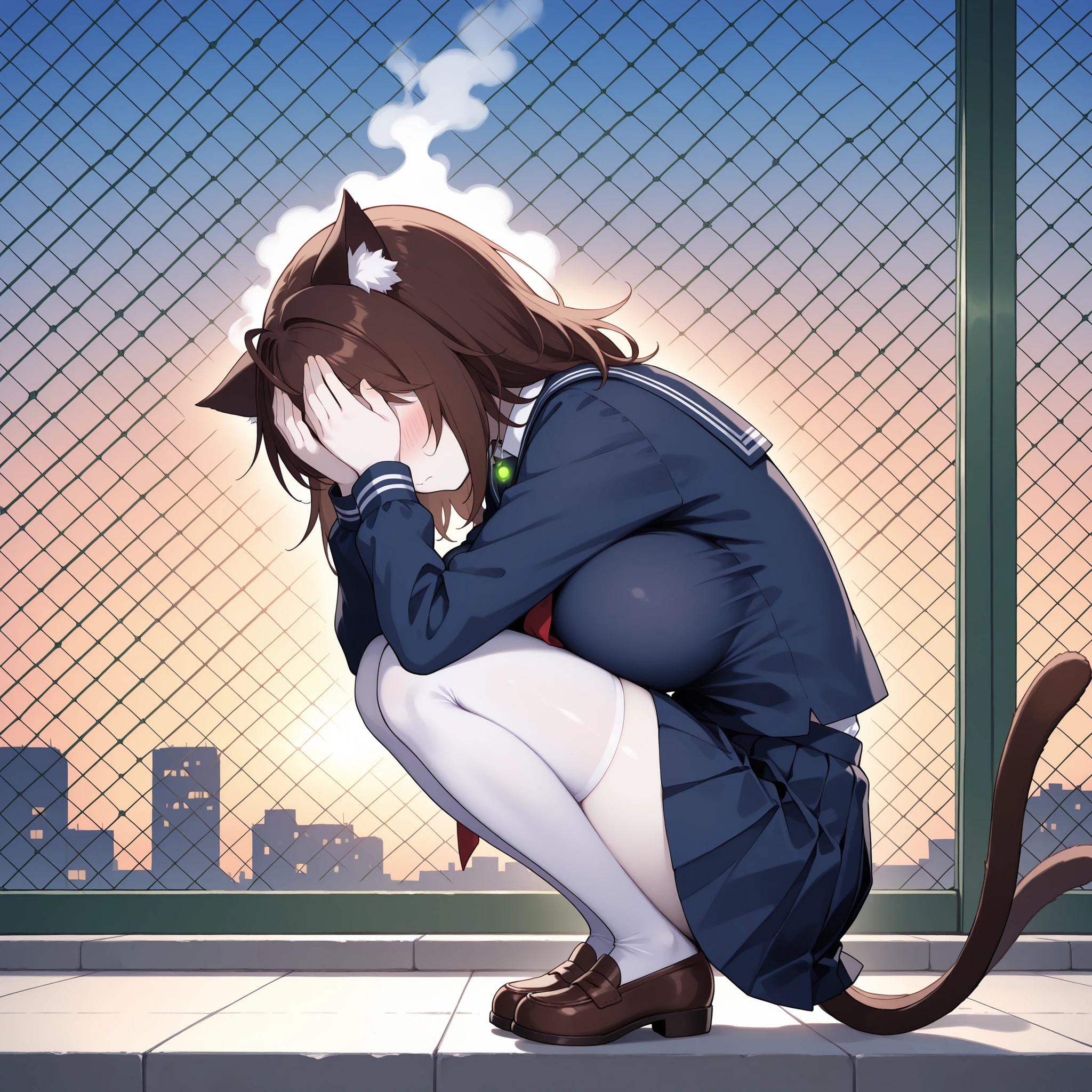 steam rising from head, symbolic steam, cartoonish expression, school rooftop at sunset, chain-link fence, glowing sky, distant city view, warm lighting, nostalgic atmosphere, centered composition, soft depth of field, subject in sharp focus, pale skin, (solo, 1girl, nekomata, dark brown hair, medium hair, cat ears, white fur inside cat ears), large breast, navy sailor uniform with ankle-length pleated skirt, long sleeves, white collar and tie, traditional style, school shoes, zettai ryouiki, head slightly lowered, covering face with both hands, hands over face, tilted head, knees close together, crouching, sitting on heels, hunched back, curled up, shy posture, inward posture, (((two cat tails))), shy body language, flushed cheeks, blush, hiding face