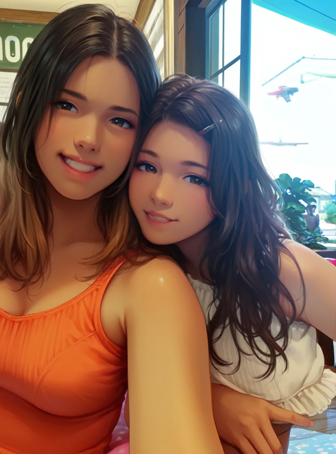 2girl, twins, both pregnant, kissing each other, grabbing each others breasts, both naked, both nude, both no clothes, both no underwear, both no pubic hair, both very large breasts, both flat medium length hair, both looking up at me, she is squatting down on me, I am standing in front of her with my large penis in her hand, lots of white cum dripping out of my large penis, both with lots of white cum on their faces, both girls are smiling with pleasure, photo taken from my perspective, looking down at the girls, photo zoomed out, at noon, in a church full of people, faces remain accurate and detailed regardless of how far from camera, the penis is between her breasts, white cum praying out of penis onto her face